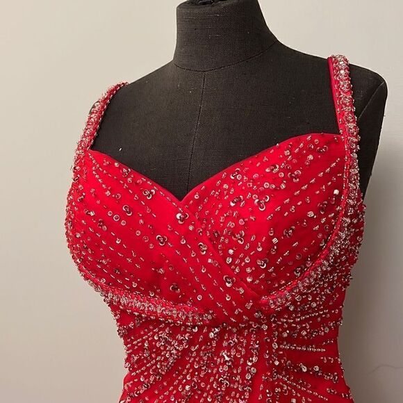 Alfred Angelo, Red Beaded Maxi Prom Dress - Picture 2 of 16